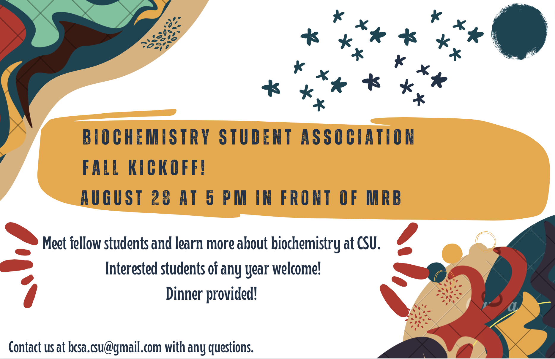 Biochemistry student association BCSA kickoff August 25th at 5:00 pm in front of MRB